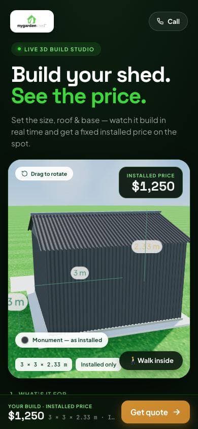 The same 3D shed configurator on a mobile phone, showing an installed price